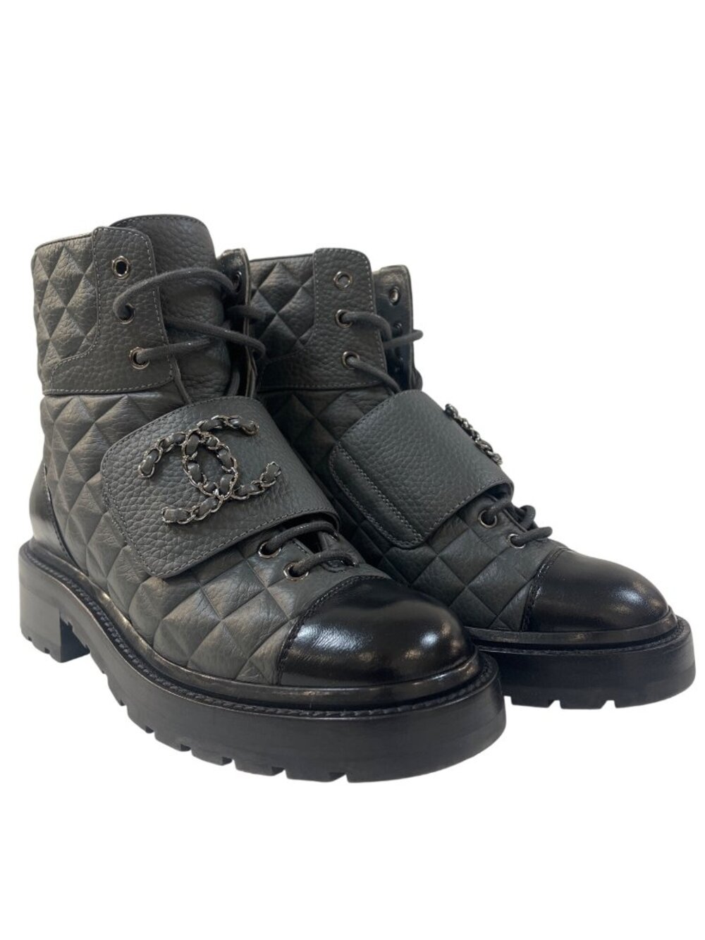B-8. Chanel Quilted Combat Boot IT 37 US 6.5 Gray Black - Picture 3 of 16
